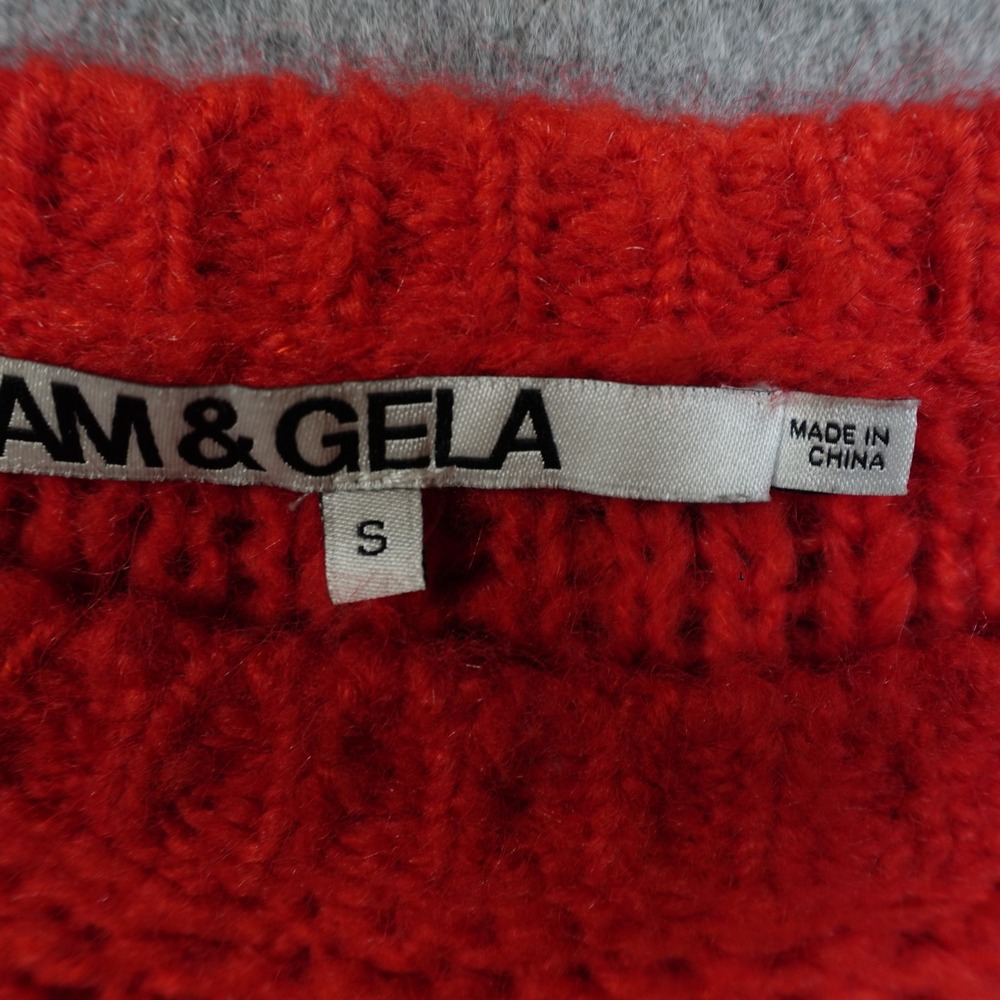 Pam Gela Sweater Womens Small Red Black Block Stripe Crew Neck‎ Chunky Knit Wool - Picture 3 of 10